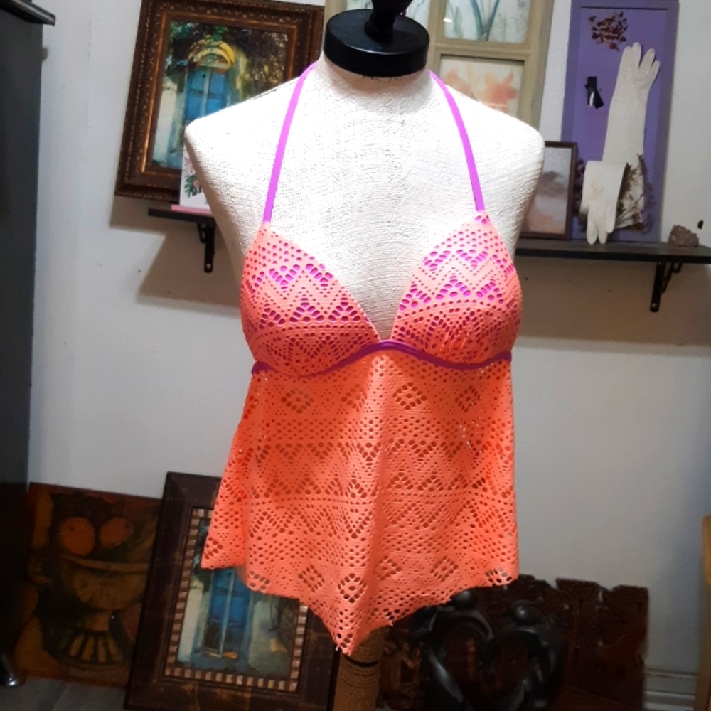 Womens Girl Teens Bikini top Bathing suit sz M SO Orange Net open back b29